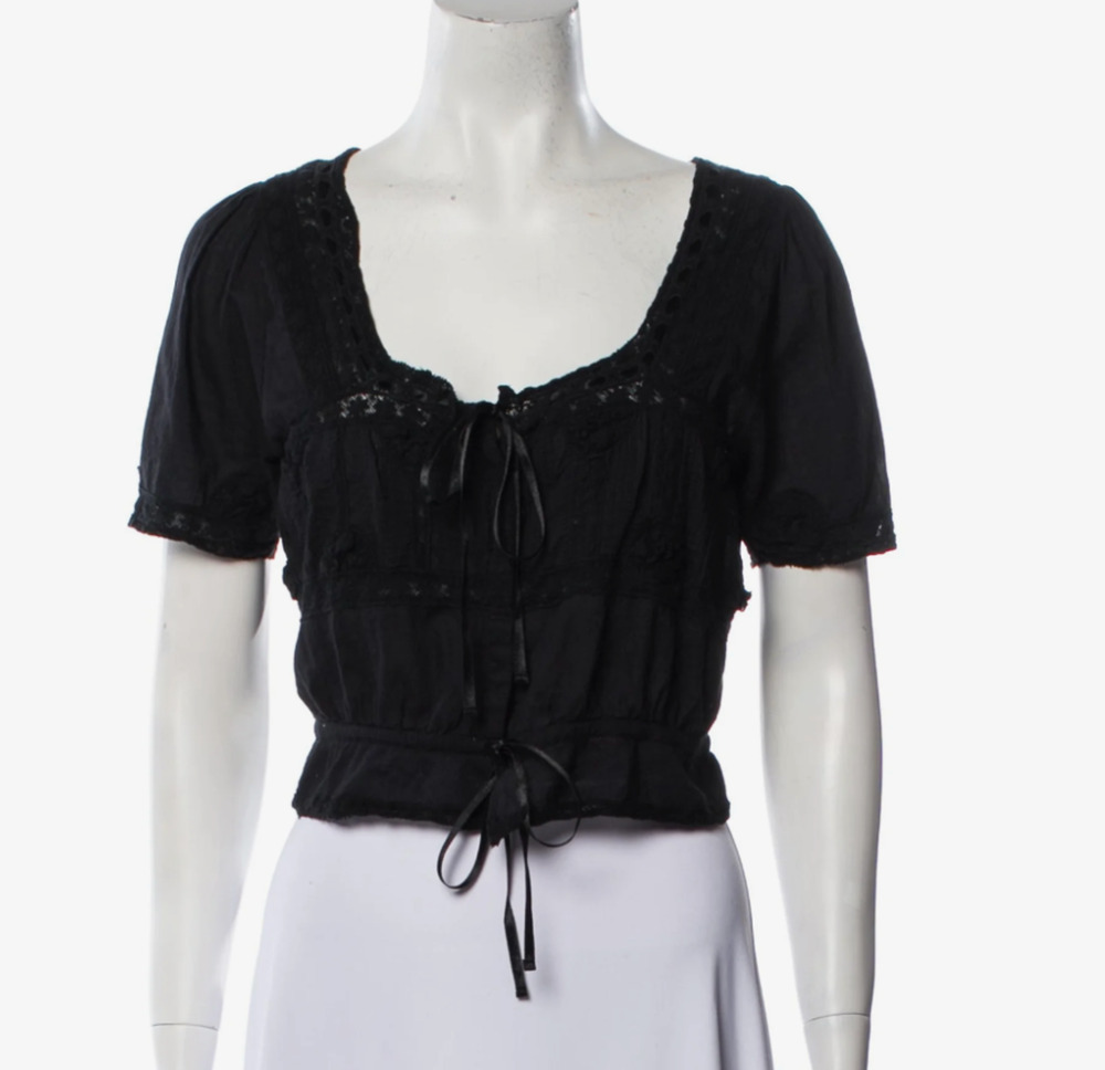 LoveShackFancy Coquette Lace Crop Top Black Short Sleeve Scoop Neck Ribbons M